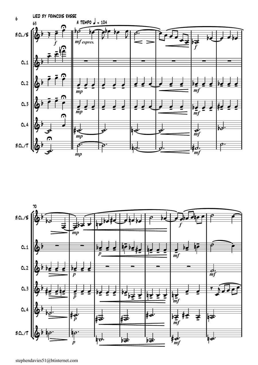'Lied' (Song) By Francois Rasse for Solo Bass Clarinet & Clarinet Quintet Clarinet Quintet scores gallery preview page 6