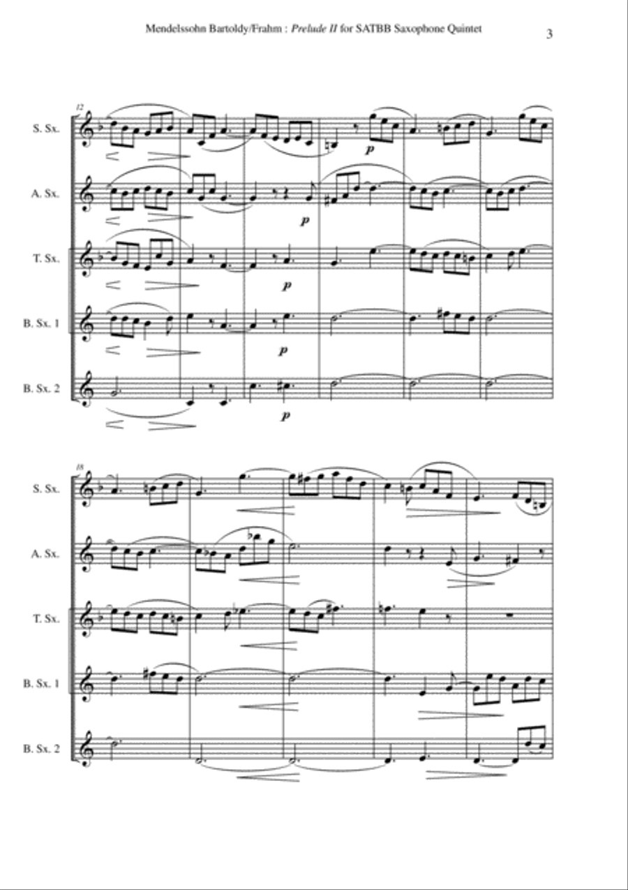 Felix Mendelssohn-Bartholdy: Prelude 2, opus 37, no. 2 arranged for SATBB(bs) saxophone quintet Saxophone Quintet scores gallery preview page 3
