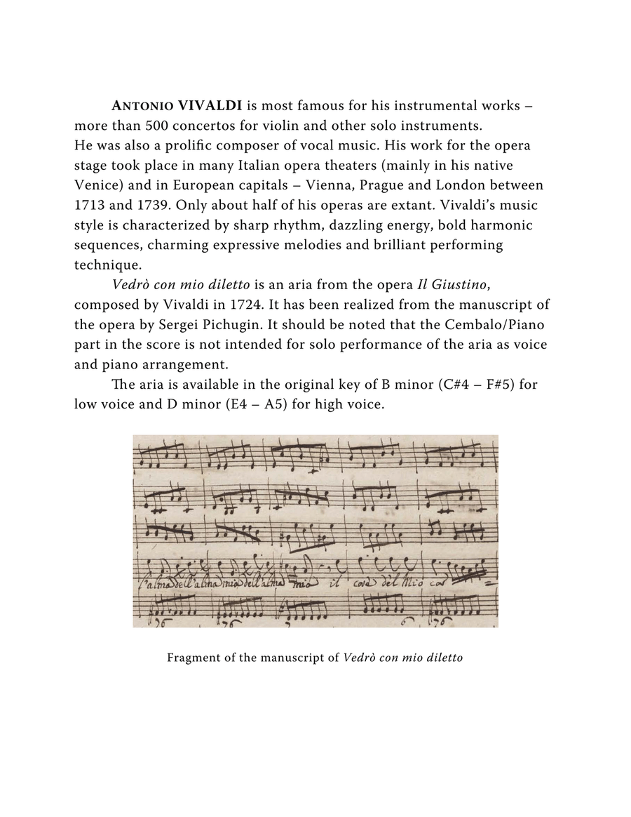 VIVALDI Antonio: Vedrò con mio diletto, aria from the opera Il Giustino, score and parts (B minor)