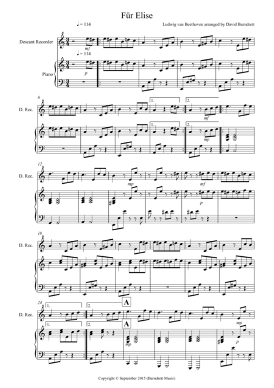 Fur Elise for Descant Recorder and Piano Woodwind Duet scores gallery preview page 1