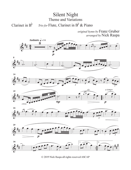 Silent Night - variations (Trio for Flute, Clarinet & Piano) B Flat Clarinet part image number null