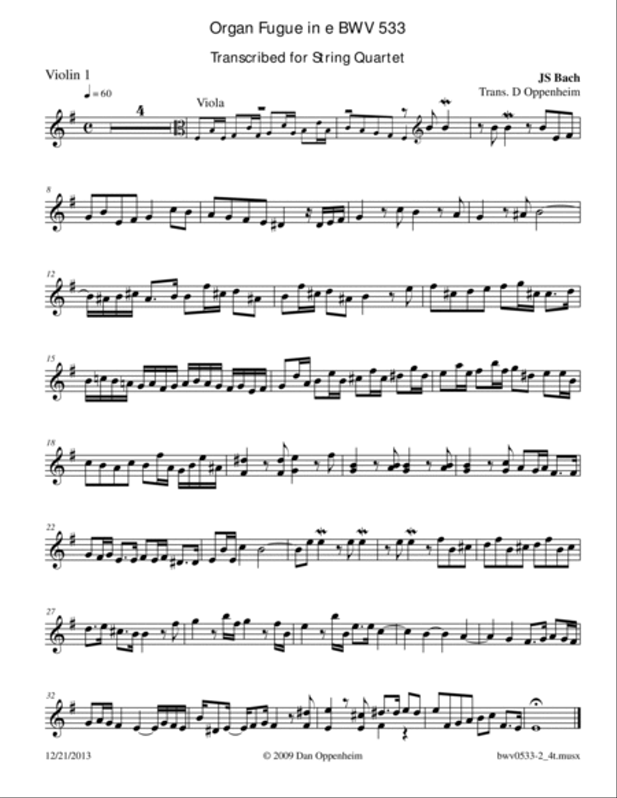 Bach: Fugue BWV 533 in E Minor arr. for String Quartet String Quartet scores gallery preview page 4