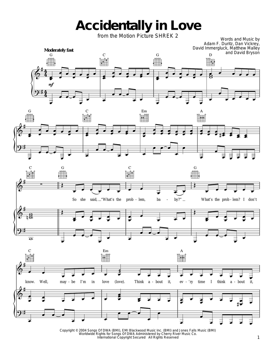 Accidentally In Love Piano, Vocal, Guitar scores gallery preview page 1