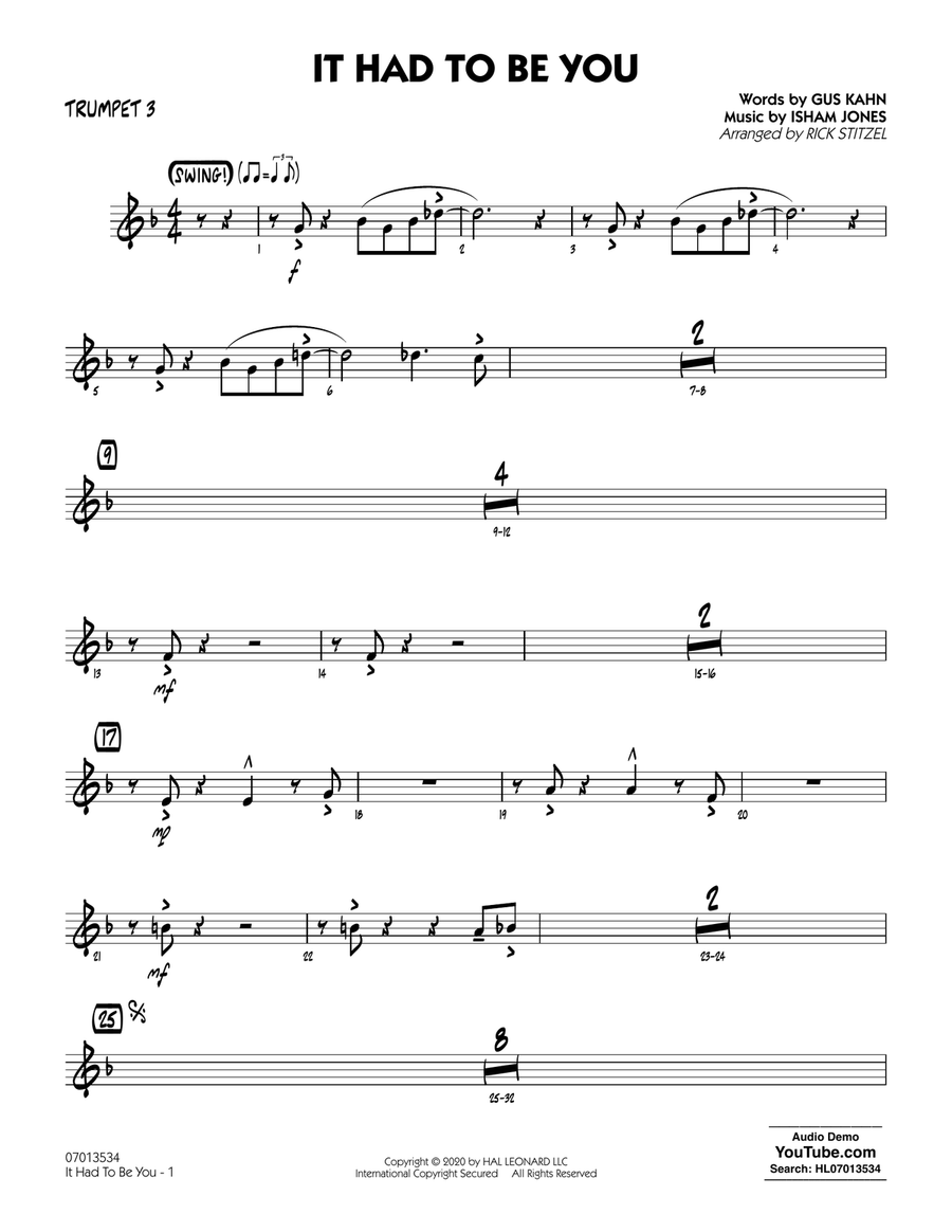 It Had to Be You (arr. Rick Stitzel) - Trumpet 3 Jazz Ensemble scores gallery preview page 1