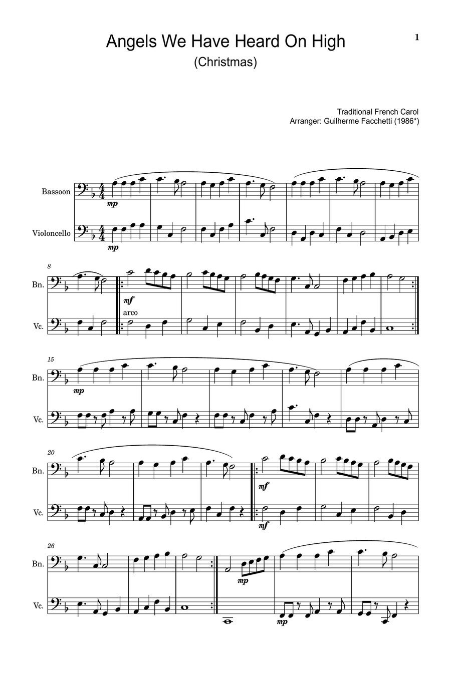 Angels We Have Heard On High - Arranged for Bassoon and Violoncello. Chamber Music scores gallery preview page 1