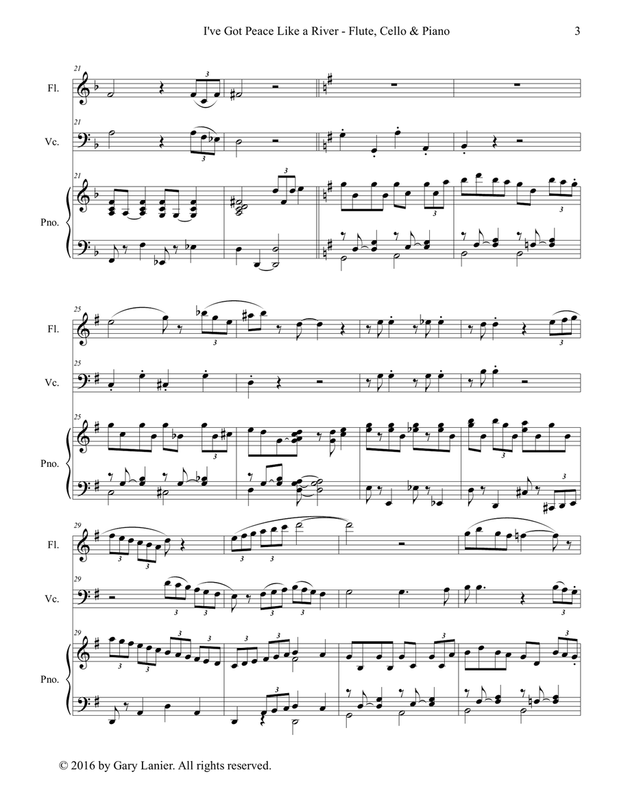 Gary Lanier: I'VE GOT PEACE LIKE A RIVER (Trio – Flute, Cello & Piano with Parts) Small Ensemble scores gallery preview page 4