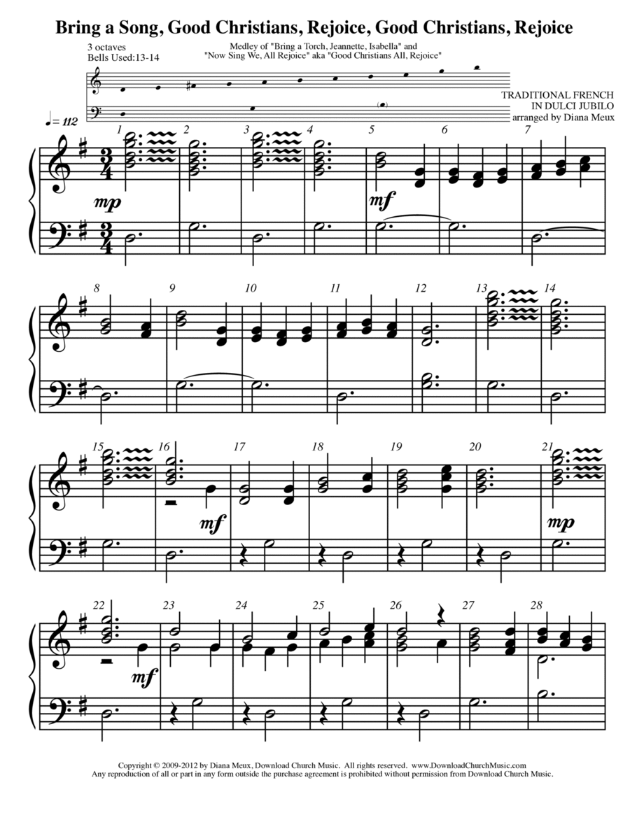 Bring a Song, Good Christians, Rejoice (Handbells or handchimes - 3 octaves, 13-14 bells used) 3-Octaves scores gallery preview page 1