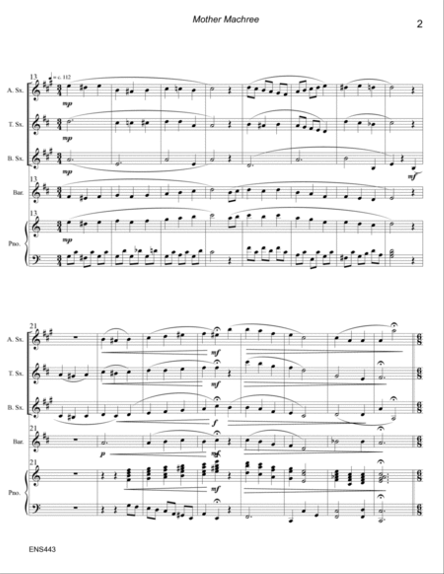 MOTHER MACHREE - Alto, Tenor & Baritone Saxes & Baritone TC or Trombone with Piano Accompaniment Small Ensemble scores gallery preview page 2