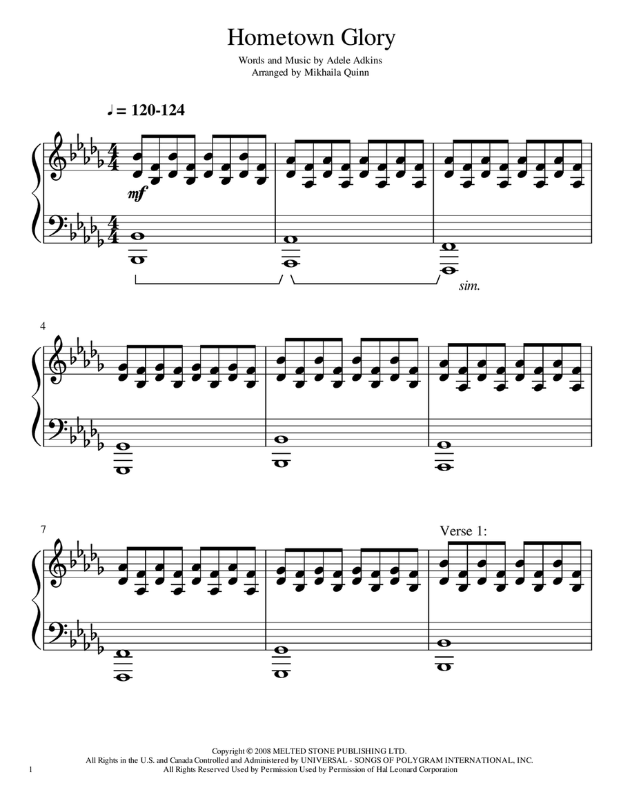 Hometown Glory Piano Solo scores gallery preview page 1