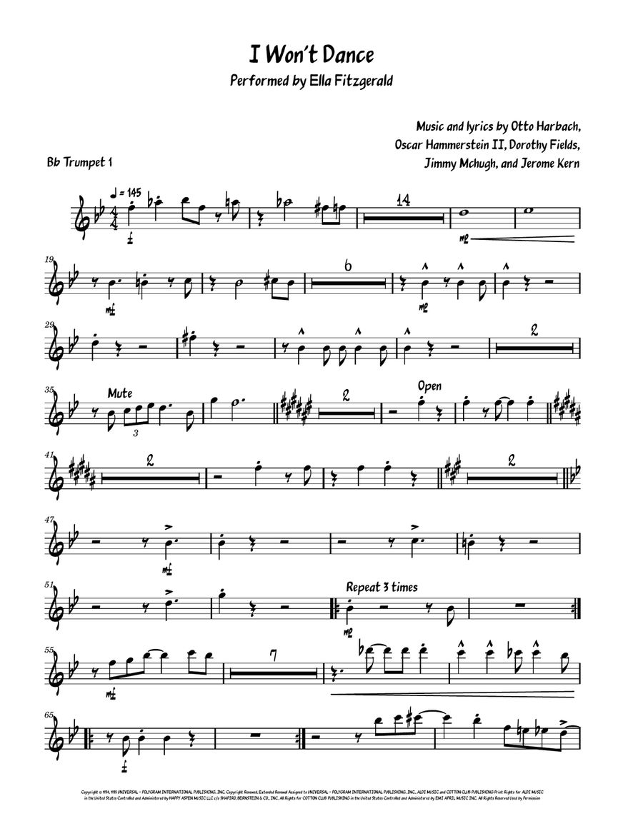 I Won't Dance B-Flat Trumpet scores gallery preview page 1