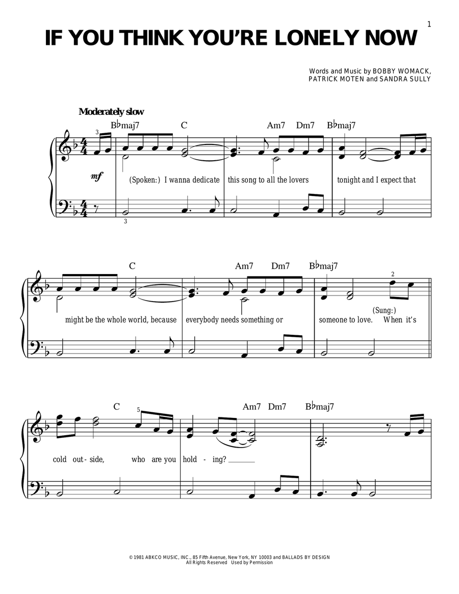 If You Think You're Lonely Now Easy Piano scores gallery preview page 1