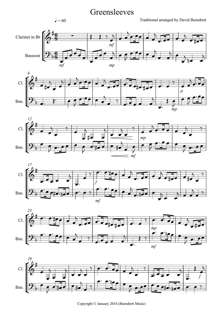 Greensleeves for Clarinet and Bassoon Duet Woodwind Duet scores gallery preview page 1