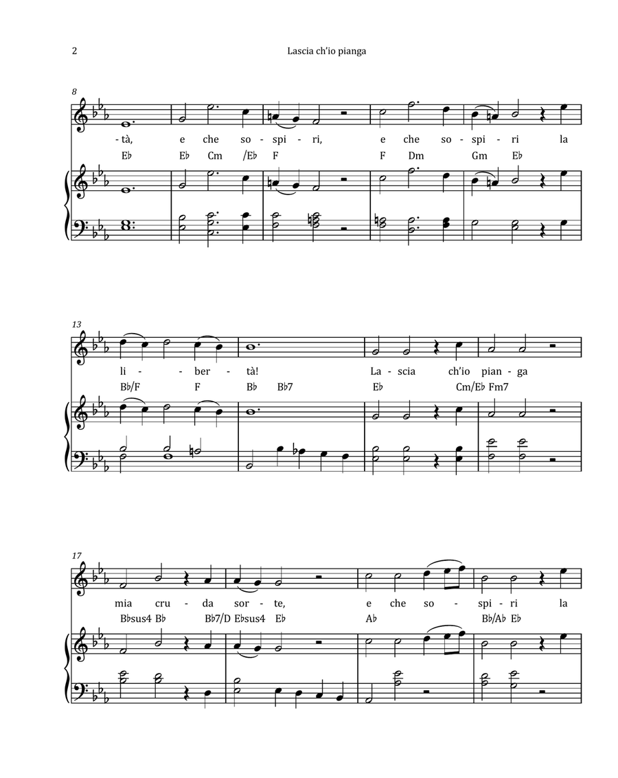 Lascia Ch'io Pianga by Händel - Contralto & Piano in E-flat Major with Chord Notation Chamber Music scores gallery preview page 2