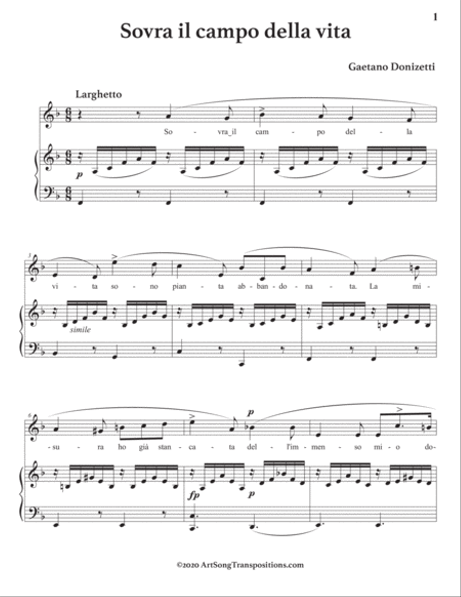 DONIZETTI: Sovra il campo della vita (transposed to F major) Voice scores gallery preview page 2