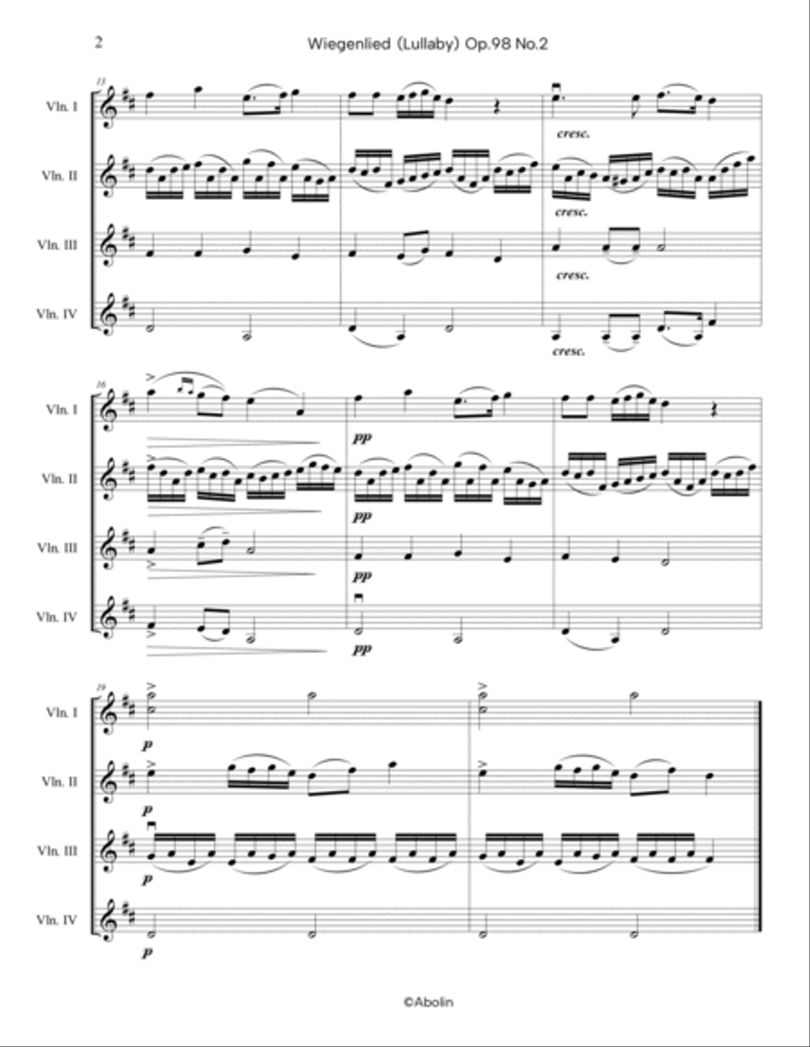 Schubert: Wiegenlied (Lullaby), Op.98, No.2, arr. for Violin Quartet String Quartet scores gallery preview page 3