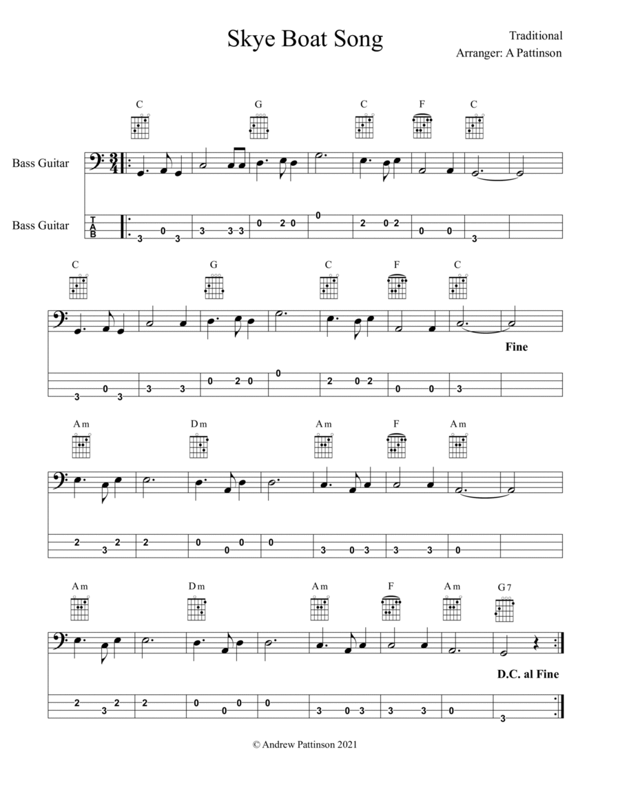 Skye Boat song for Easy Bass with Chords and TAB Bass Guitar scores gallery preview page 1