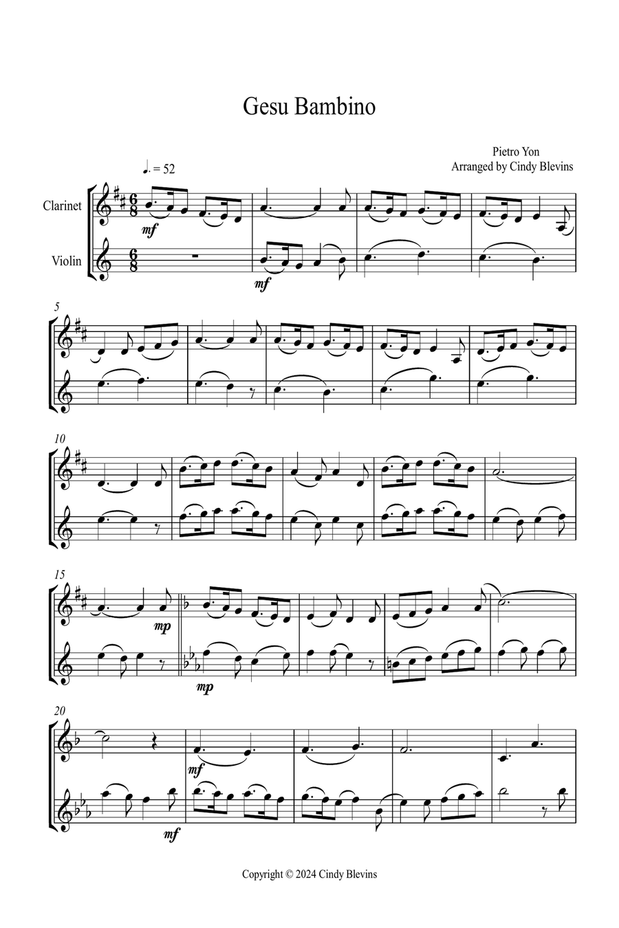 Gesu Bambino, for Clarinet and Violin Clarinet scores gallery preview page 2