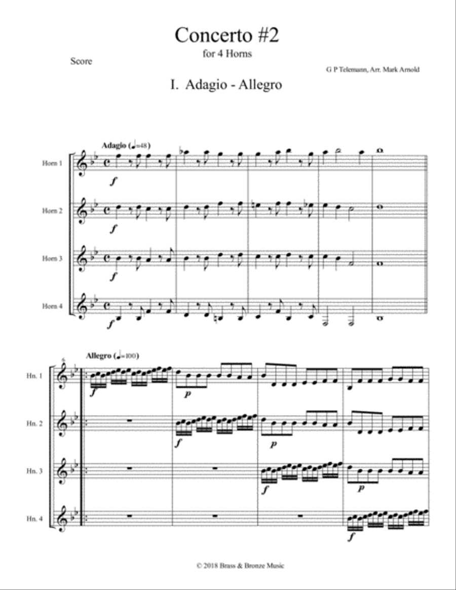 Telemann Concerto #2 for Four Horns (1st movement) Brass Ensemble scores gallery preview page 2