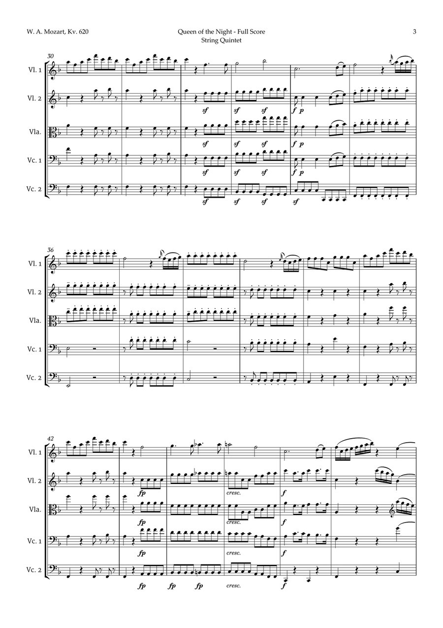 Queen of the Night Aria by Mozart for String Quintet String Quintet scores gallery preview page 3