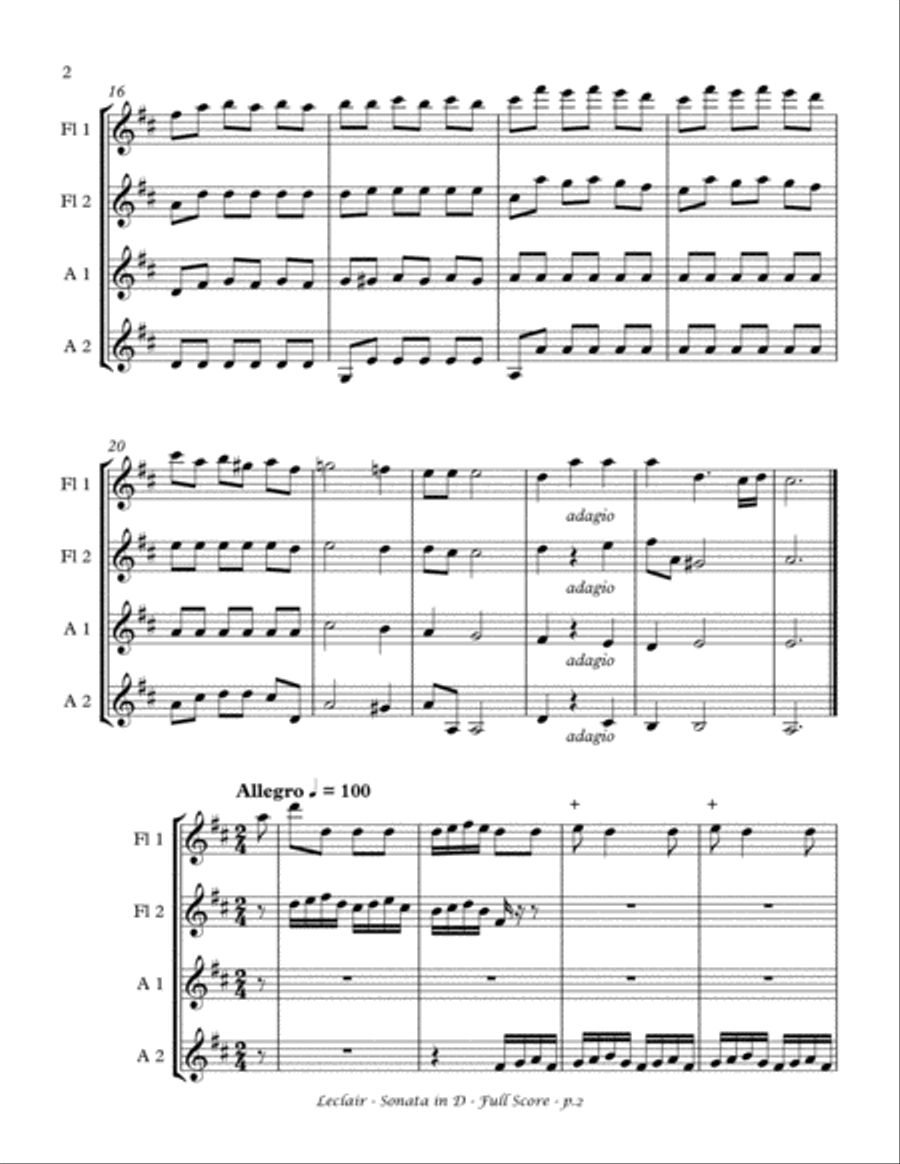 Sonata in D Major, Op 3 Nr 6, arr. Flute Quartet Flute Quartet scores gallery preview page 4