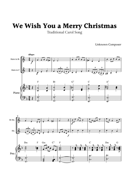 We Wish you a Merry Christmas for Horn in F and B-Flat Horn Duet with Piano image number null