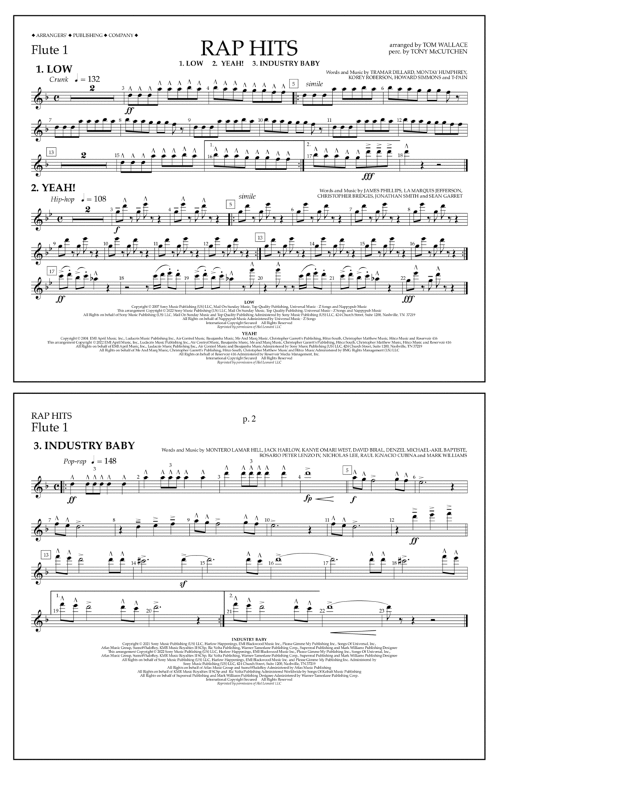 Rap Hits (Low, Yeah!, Industry Baby) - Flute 1 Marching Band scores gallery preview page 1