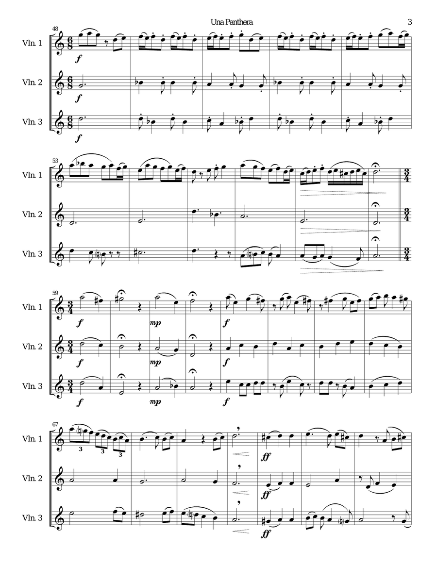 Una panthera in compagnia de Marte (A Panther in company of Mars) arranged for 3 violins Violin Solo scores gallery preview page 3