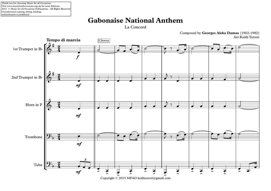 Gabonaise National Anthem (La Concord) for Brass Quintet image number null