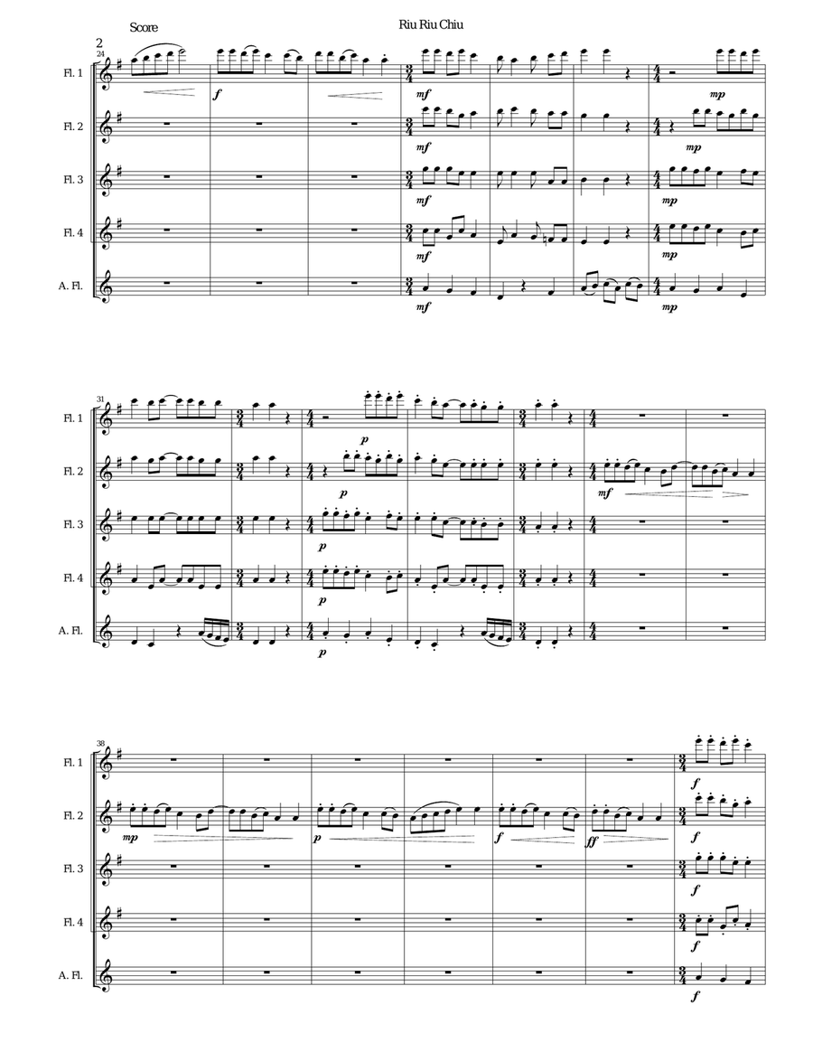 Riu Riu Chiu arranged for flute quintet (4 flutes and 1 alto flute) Flute Solo scores gallery preview page 2
