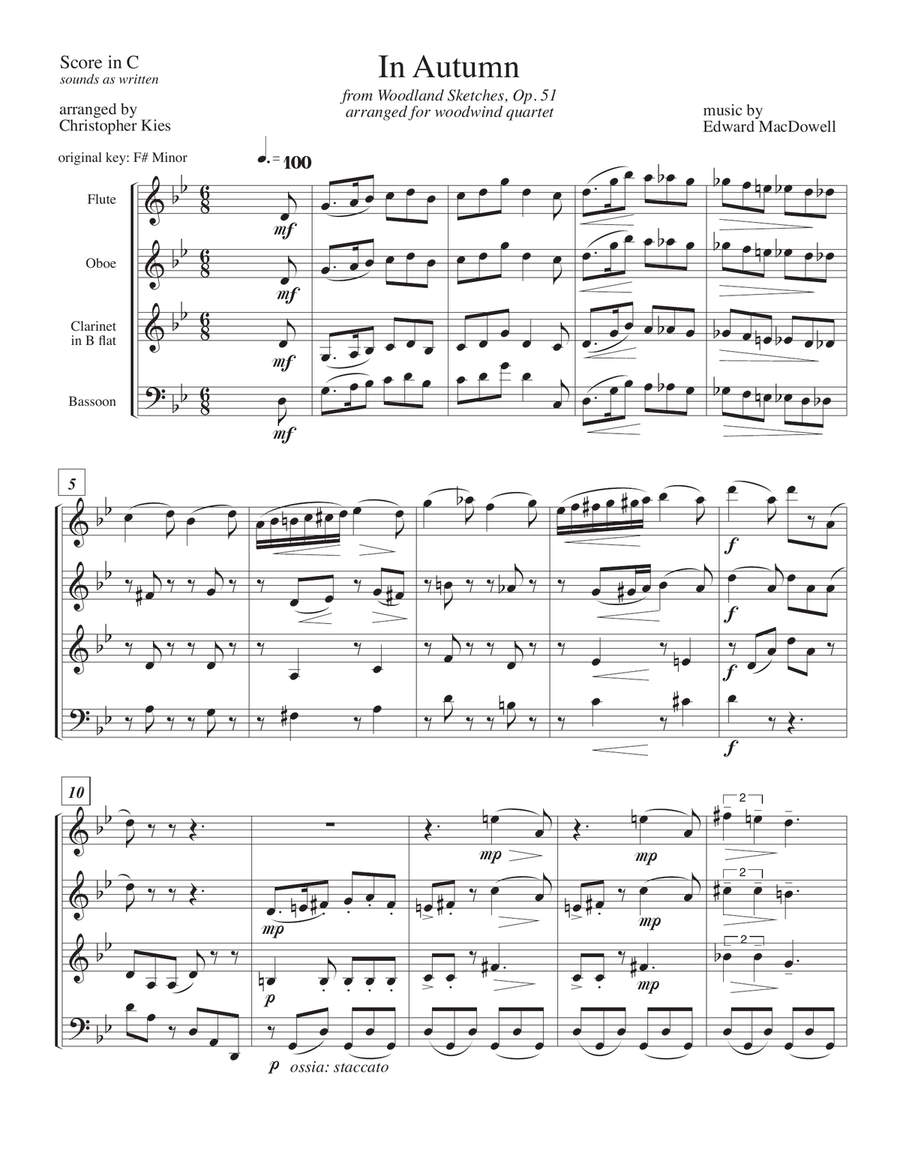 Three Pieces by Edward MacDowell: In Autumn, To a Wild Rose and Alla Tarantella Woodwind Quartet scores gallery preview page 2
