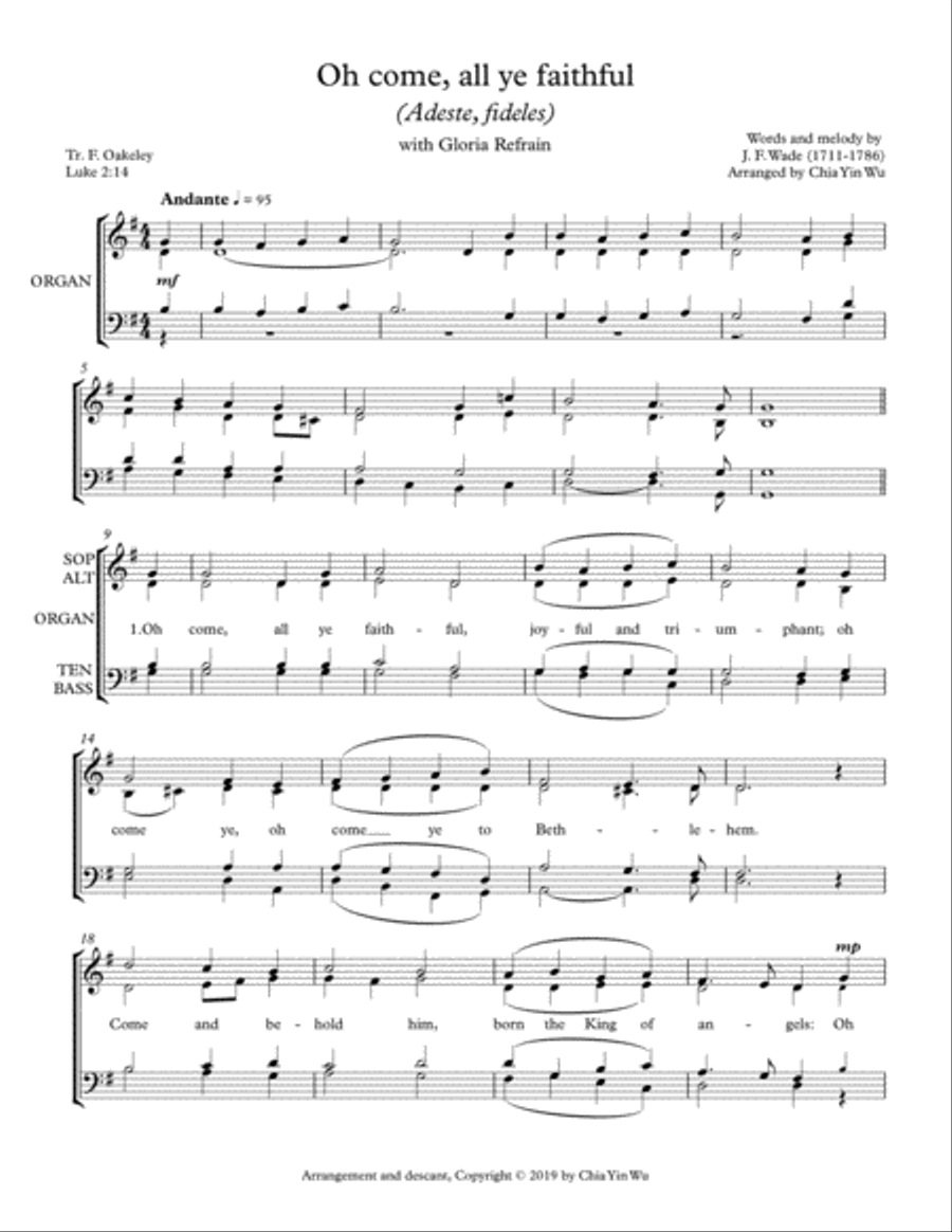 Oh Come, All Ye Faithful, with Gloria Refrain, for SATB/Congregation, Violin, Cello, and Organ 4-Part scores gallery preview page 2