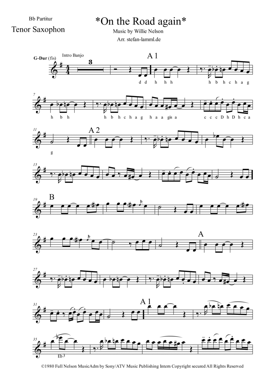 On The Road Again Tenor Saxophone scores gallery preview page 1