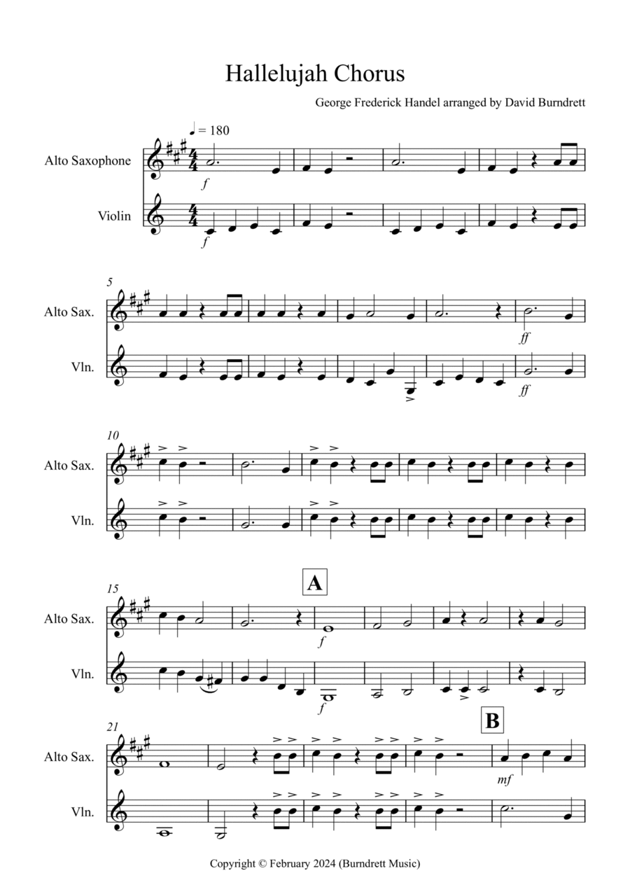 Hallelujah Chorus for Alto Saxophone and Violin Duet Alto Saxophone scores gallery preview page 1
