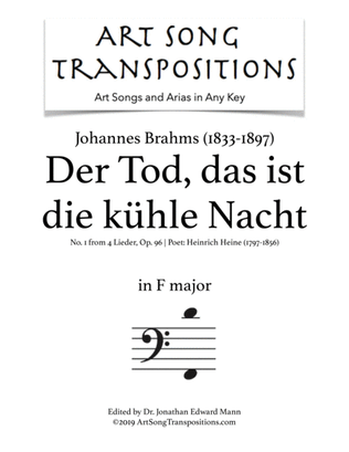 Book cover for BRAHMS: Der Tod, das ist die kühle Nacht, Op. 96 no. 1 (transposed to F major, bass clef)