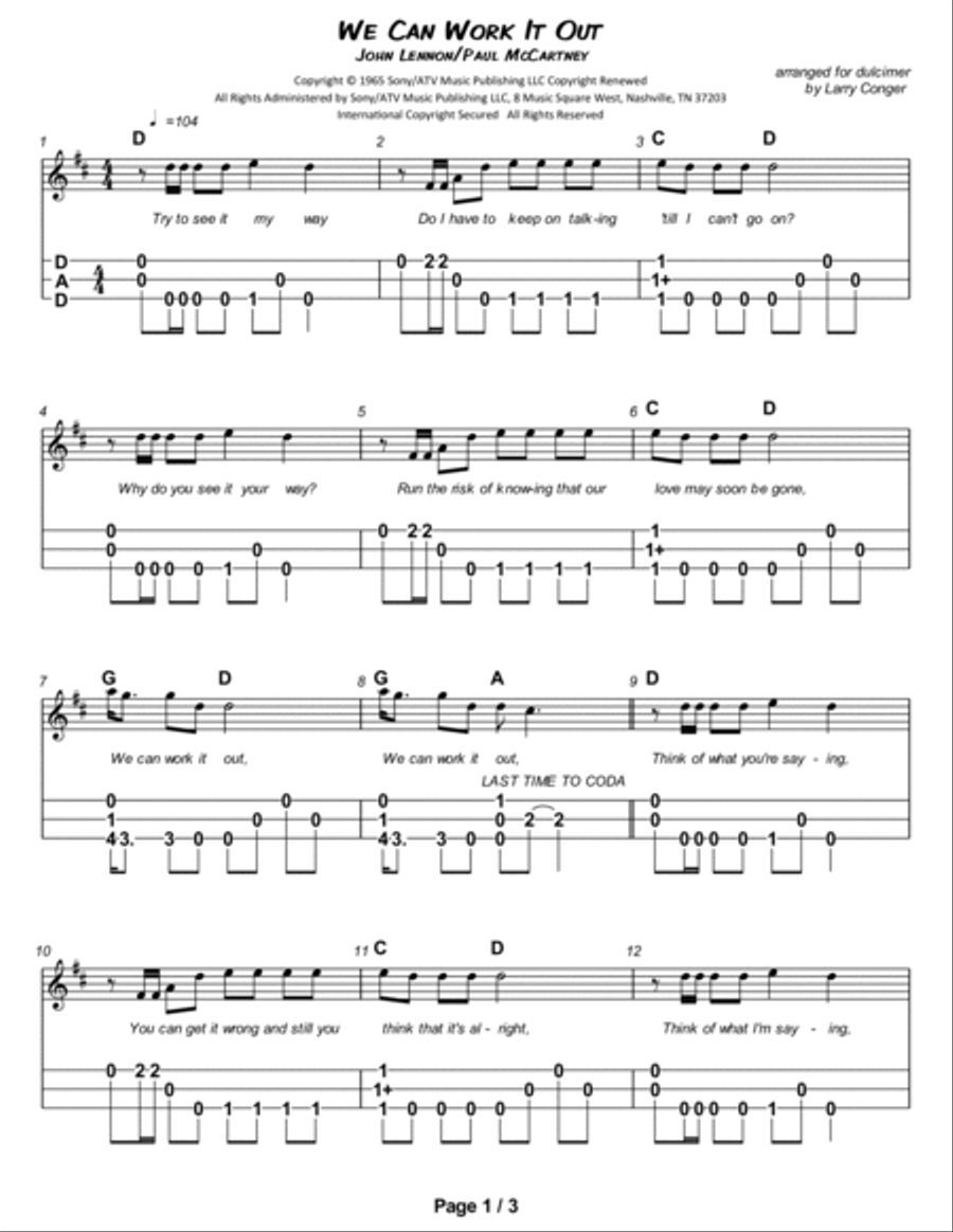 We Can Work It Out Dulcimer scores gallery preview page 2