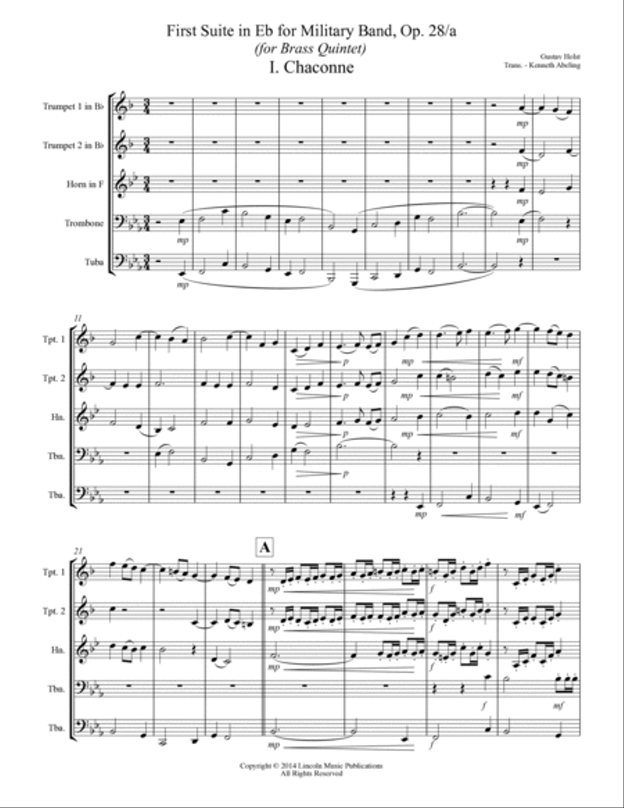 Holst - First Suite for Military Band in Eb (for Brass Quintet) Brass Quintet scores gallery preview page 2