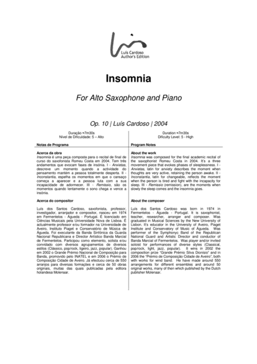 Insomnia (for Alto Saxophone & Piano) image number null