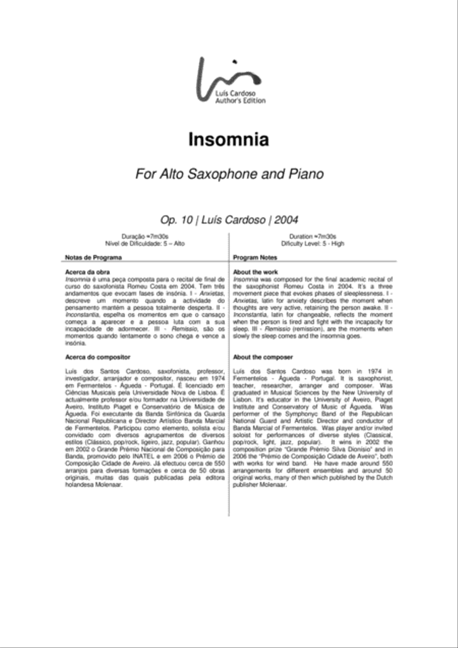 Insomnia (for Alto Saxophone & Piano) image number null