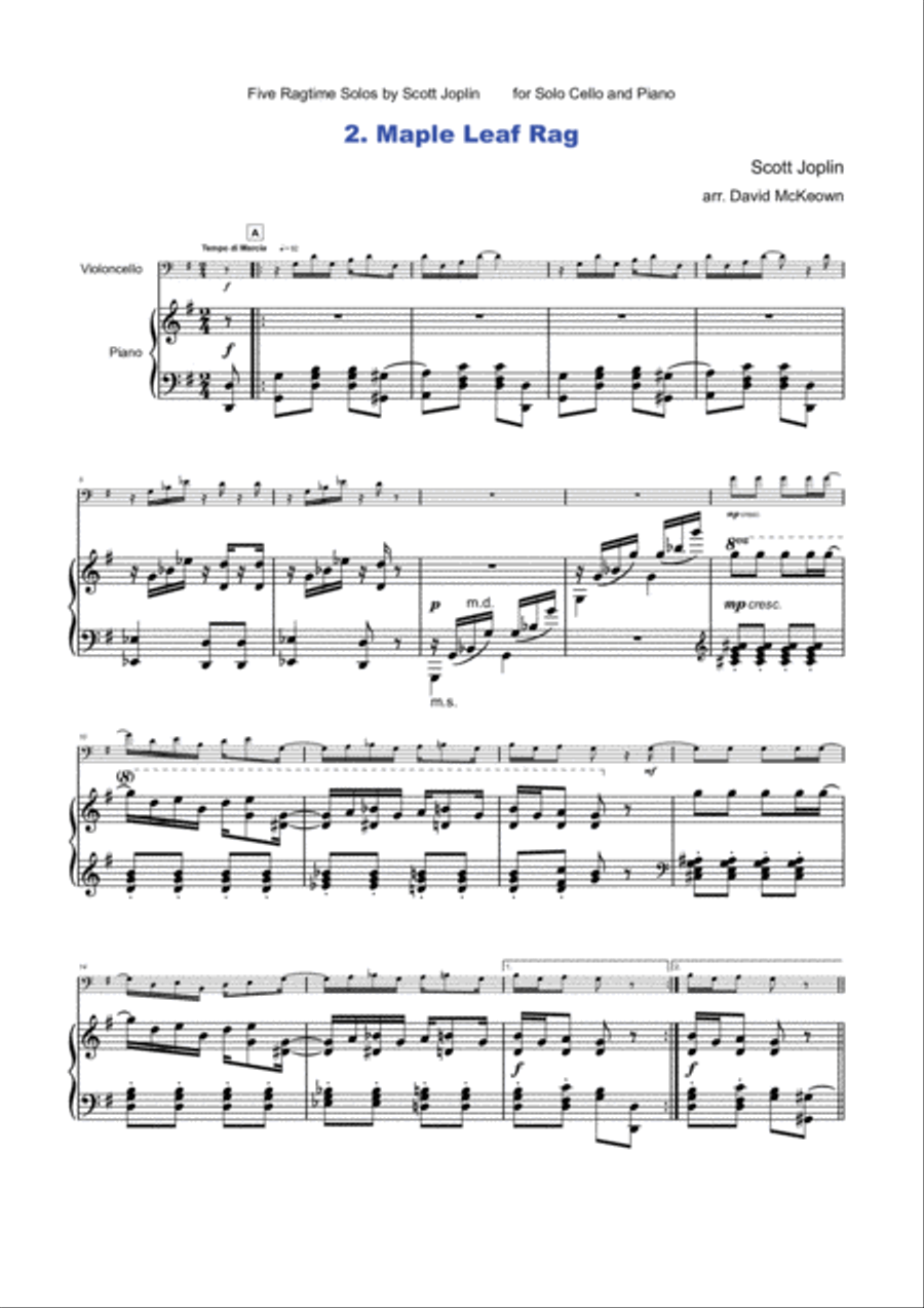 Five Ragtime Solos by Scott Joplin for Cello and Piano