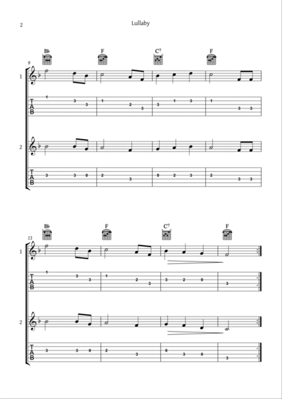 Brahms Lullaby - Guitar duet (with tabs) Classical Guitar scores gallery preview page 2