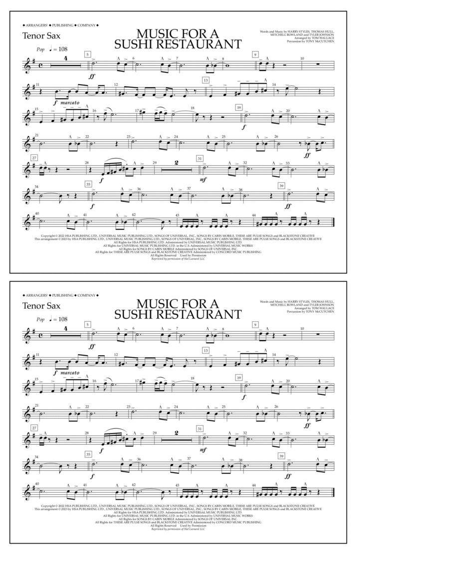 Music For A Sushi Restaurant (arr. Tom Wallace) - Tenor Sax Marching Band scores gallery preview page 1