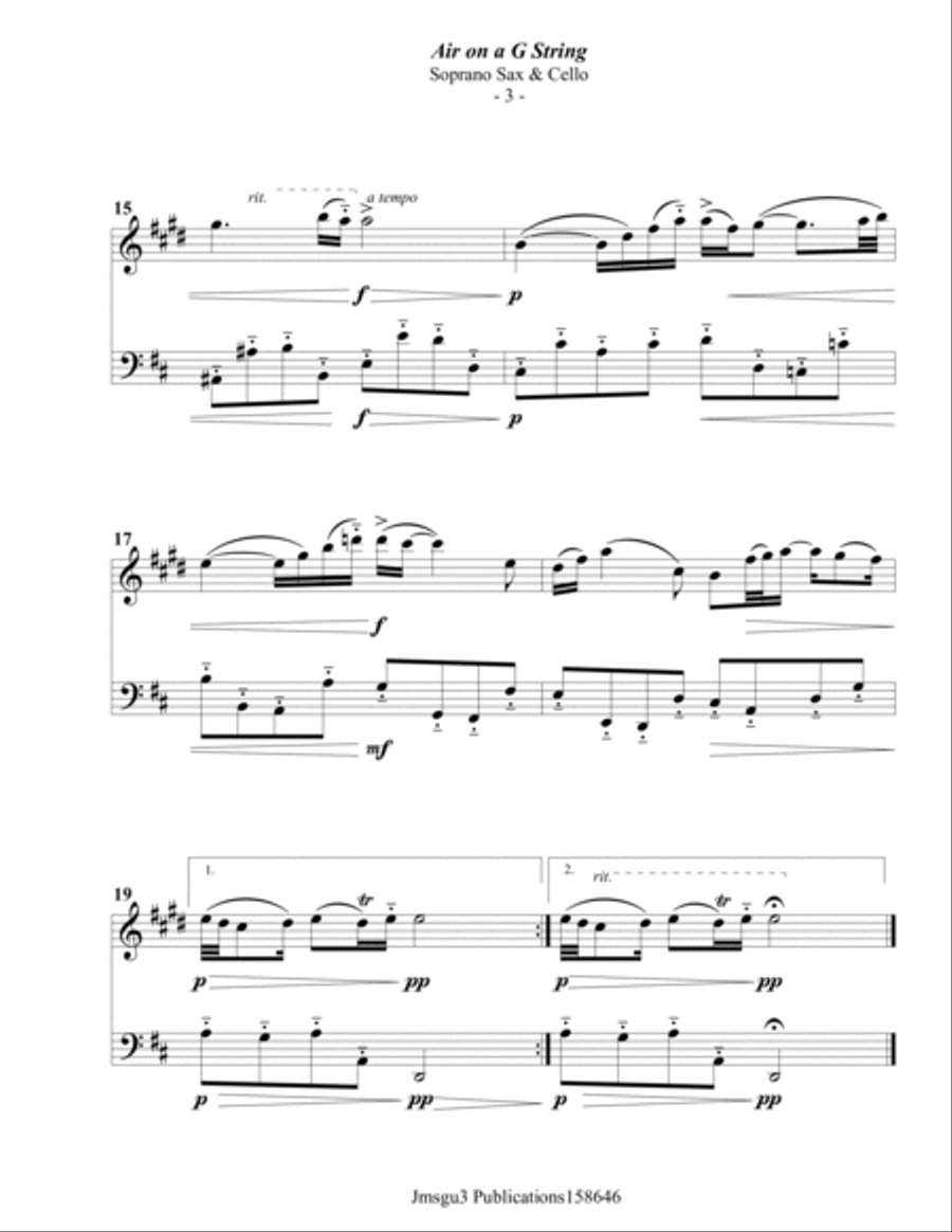 Bach: Air on a G String for Soprano Sax & Cello Soprano Saxophone scores gallery preview page 3