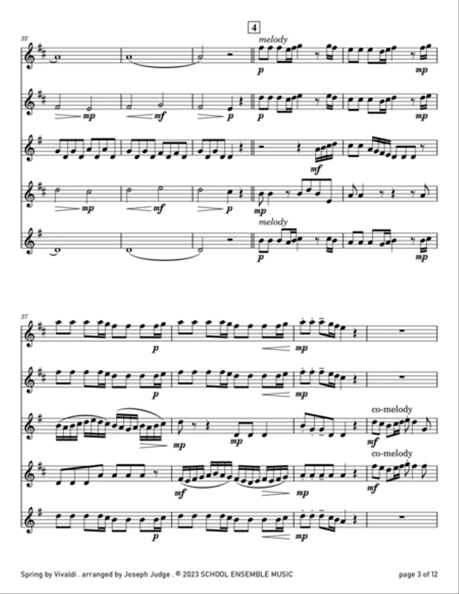 Spring by Vivaldi for Saxophone Quartet in Schools Saxophone Quartet scores gallery preview page 3