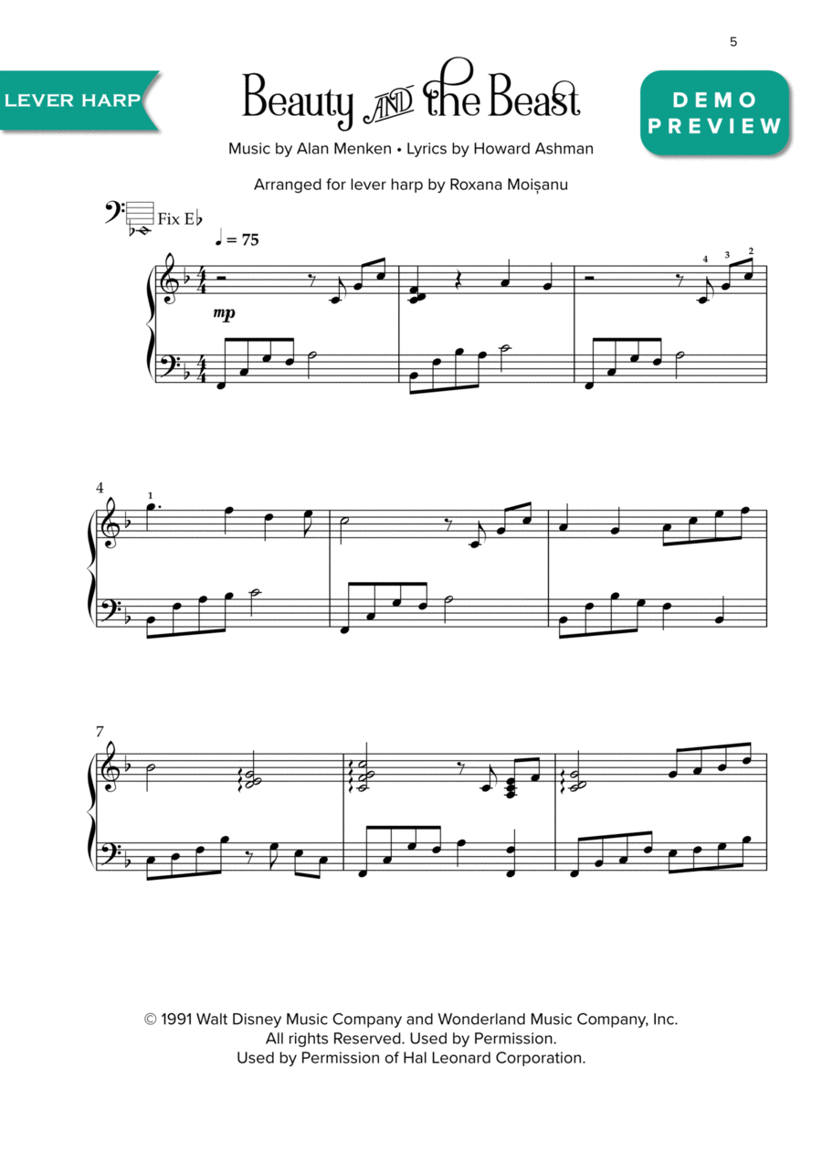 Beauty And The Beast Celtic Harp scores gallery preview page 1