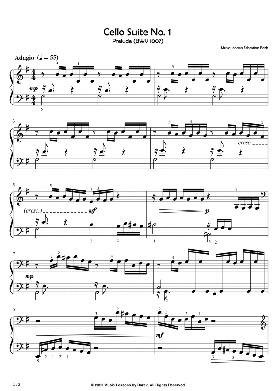 Cello Suite No. 1 (EASY PIANO) Prelude (BWV 1007) [Johann Sebastian Bach] Cello scores gallery preview page 1