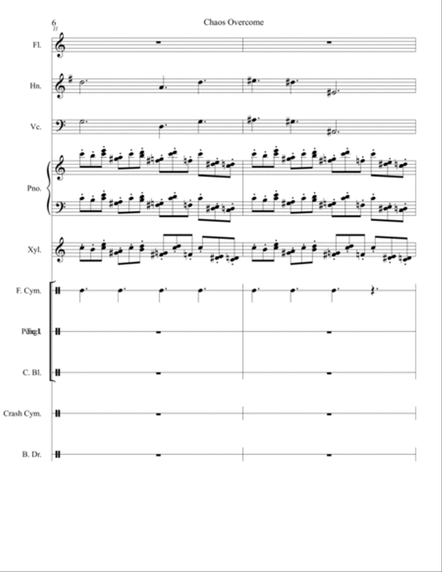 Chaos Overcome for Mixed Ensemble (Flute, French Horn, Cello, Piano, Xylophone, and assorted Percuss Small Ensemble scores gallery preview page 6