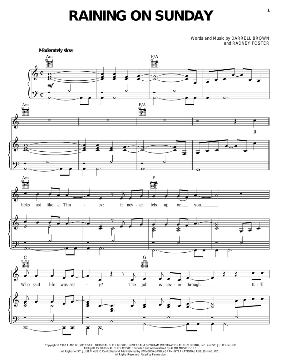 Raining On Sunday Raining On Sunday Piano, Vocal, Guitar scores gallery preview page 1