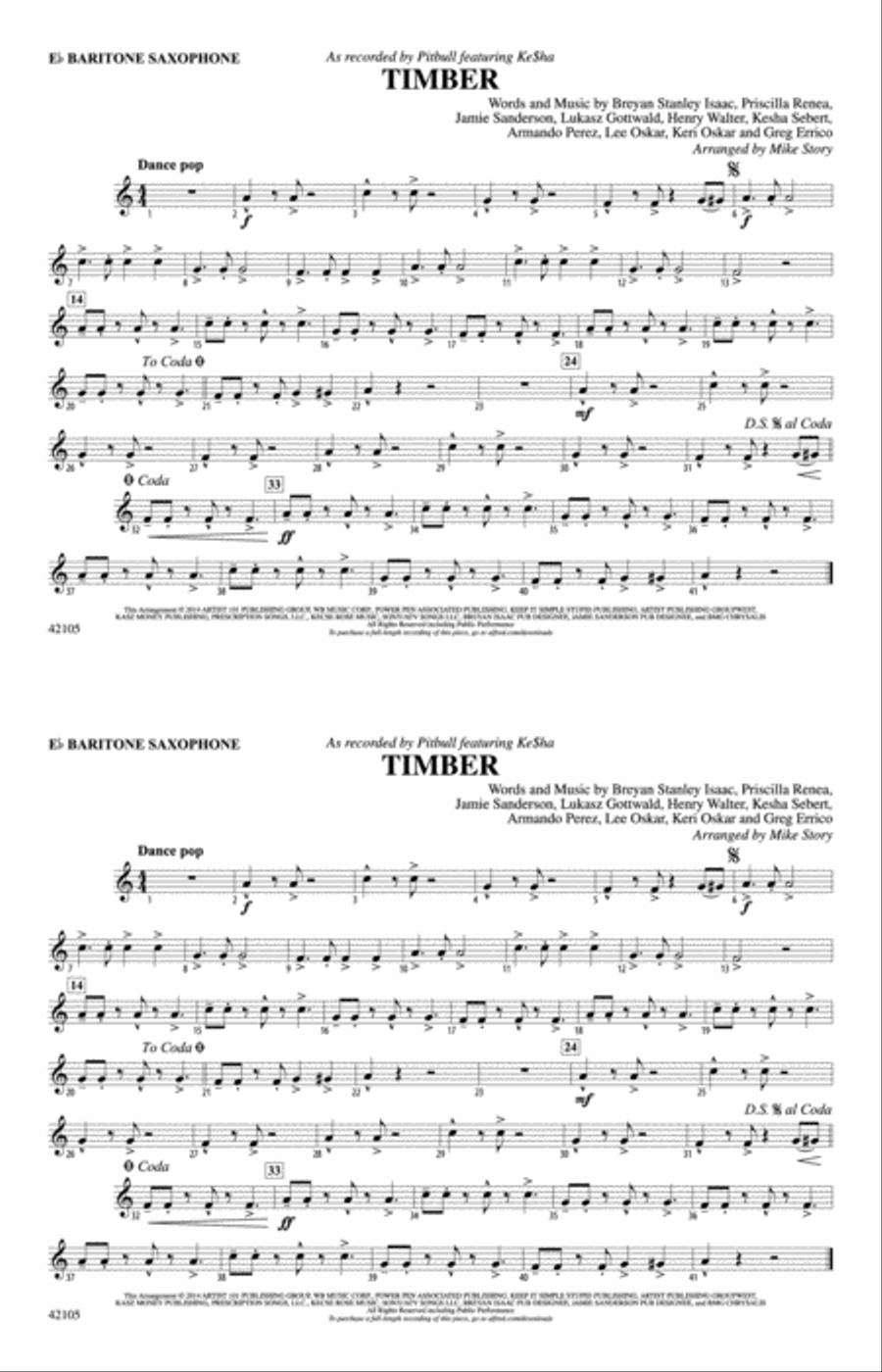 Timber: E-flat Baritone Saxophone Marching Band scores gallery preview page 1
