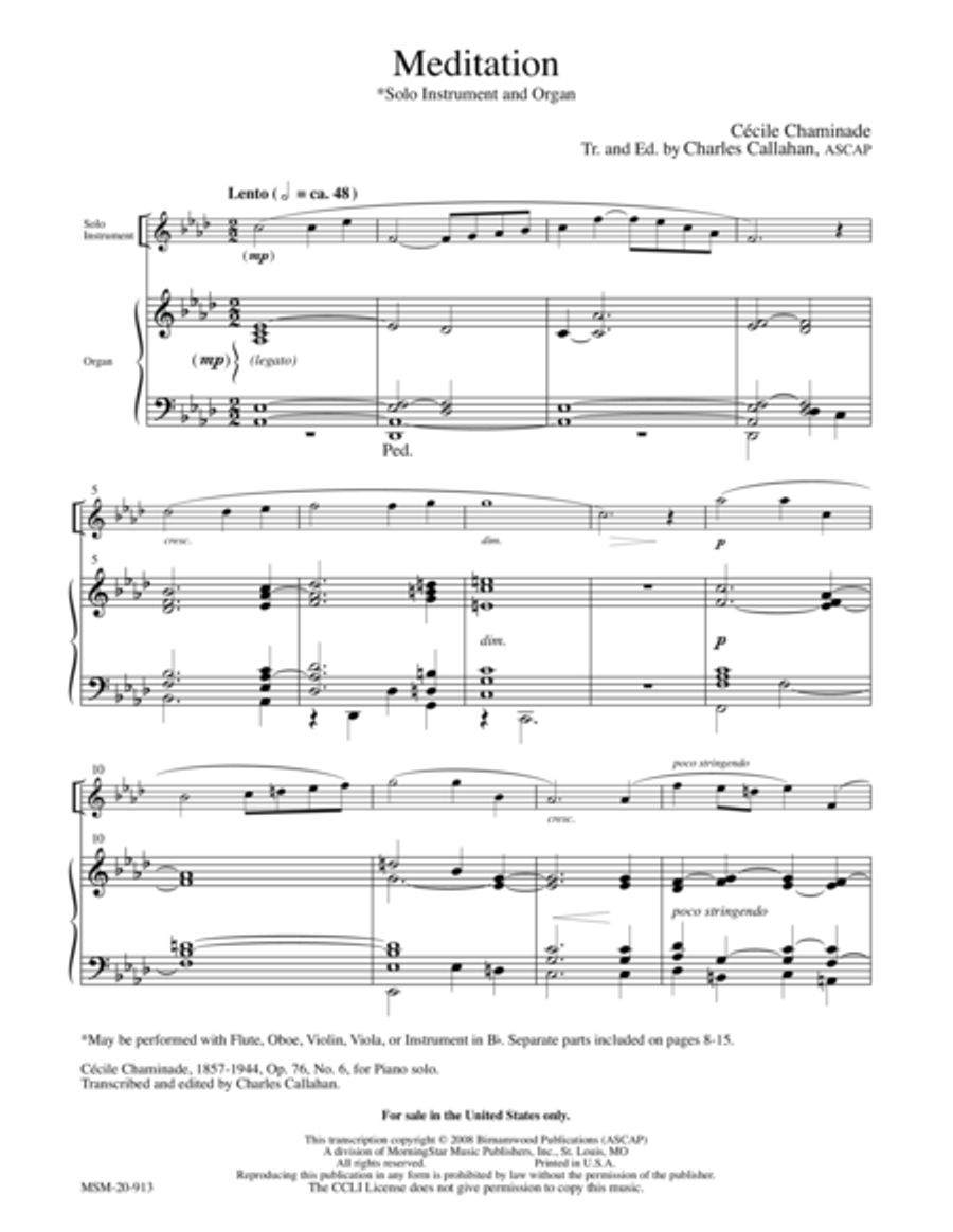 Meditation for Solo Instrument and Organ Violin scores gallery preview page 1
