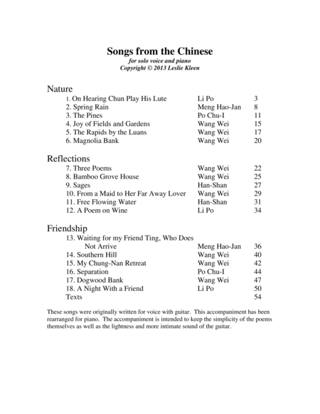 Songs from the Chinese for voice and piano